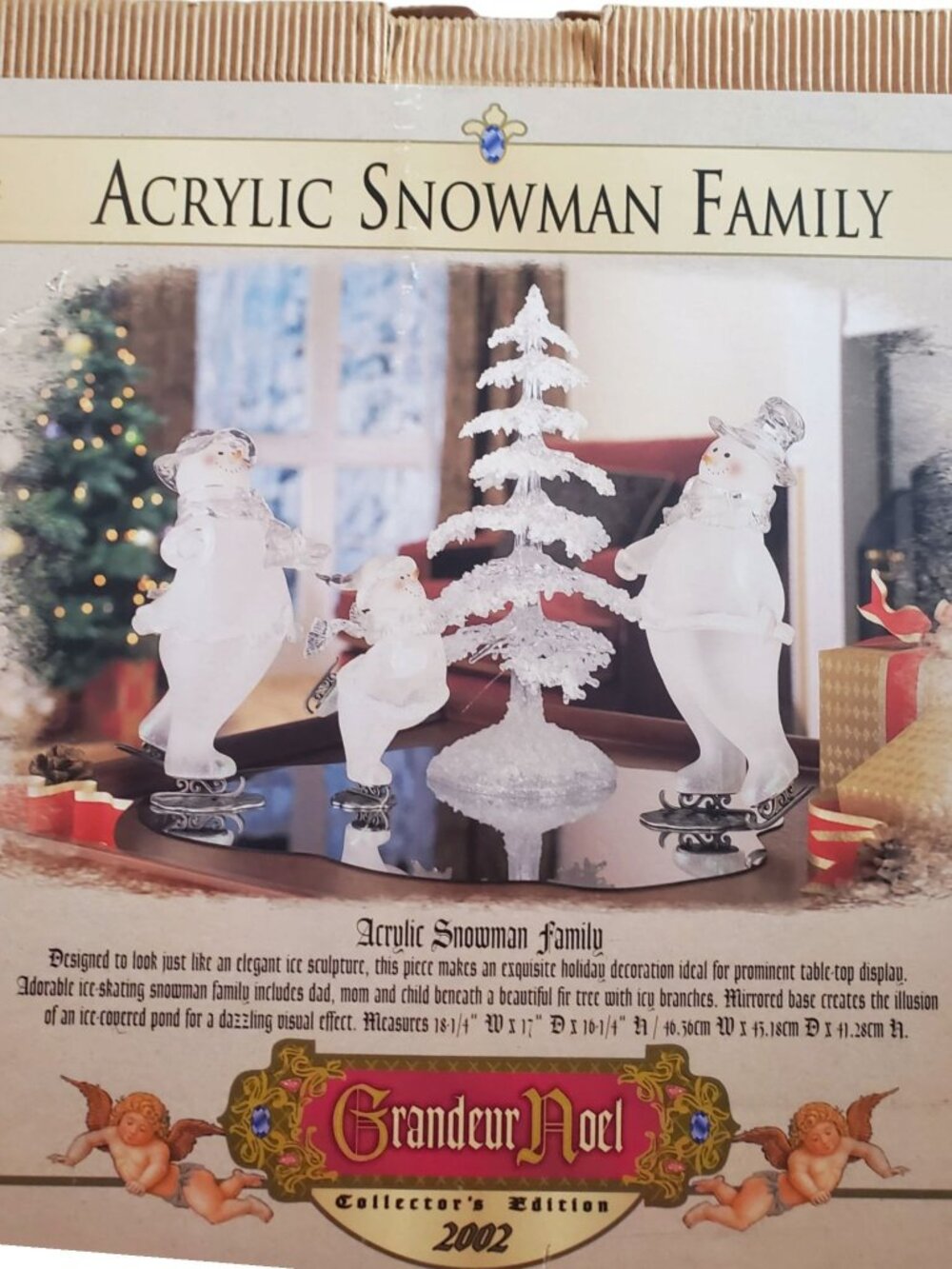 Grandeur Noel Acrylic Snowman Family Figurine W/Tree On Mirrored Base Collectors
